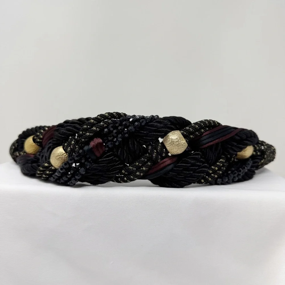 Vintage Braided Rope Belt Black Gold Beaded Statement Belt Boho